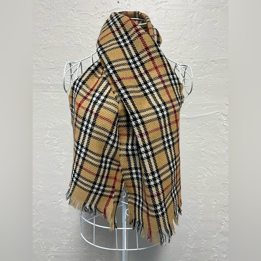 Vintage English Village Classic Cashmere-Feel Yellow Tan Red Plaid Scarf